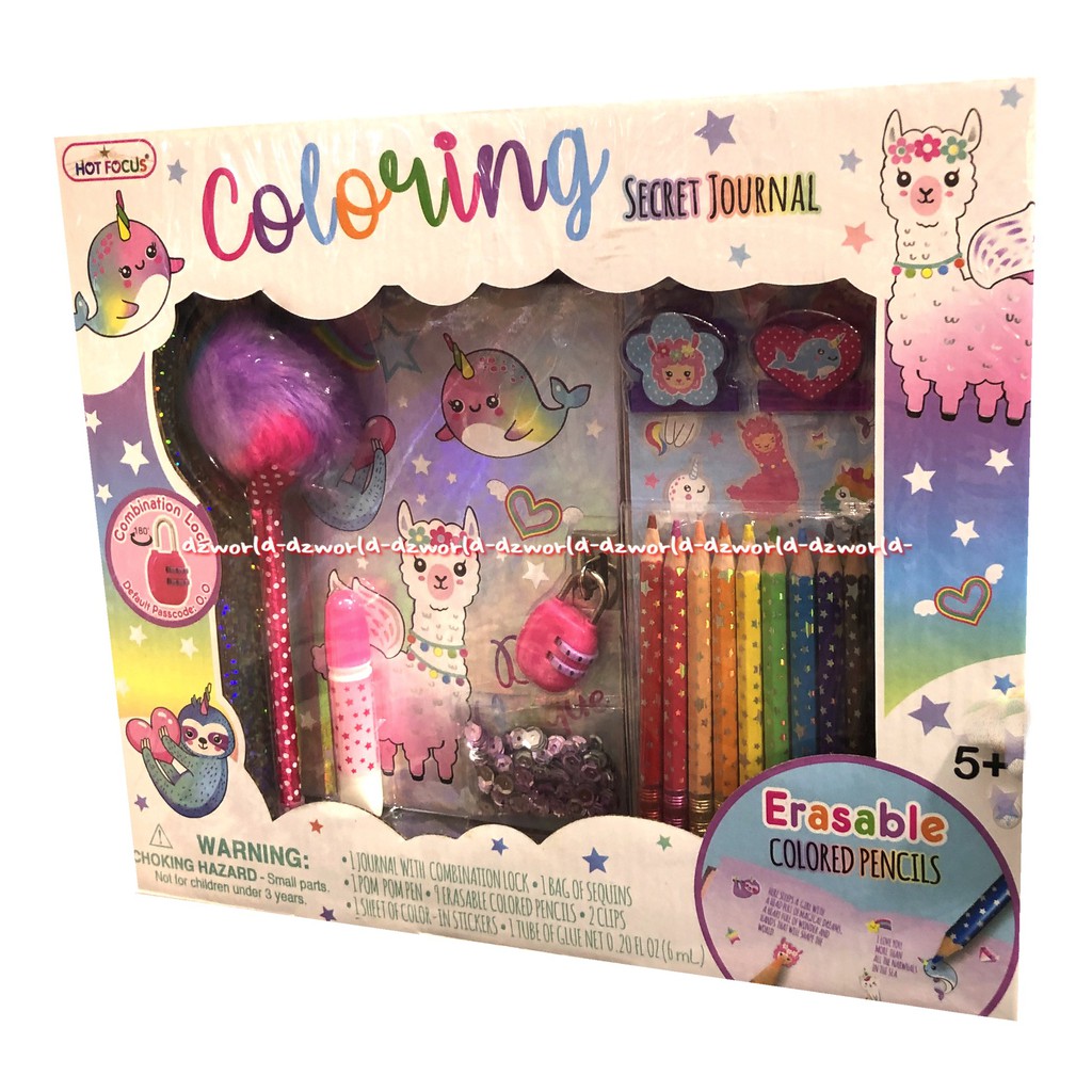 Hot Focus Coloring Secret Journal Diary Dengan Gembok Pensil Warna Pulpen Bulu