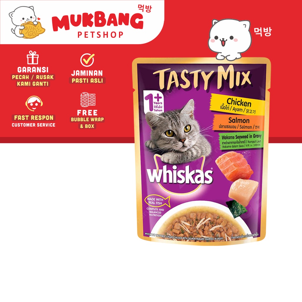 Whiskas Tasty Mix 70 Gram Snack Kucing Basah Cemilan Camilan Kucing Tuna Chicken Salmon Wiskas Sachet Pouch Cat Food Kucing