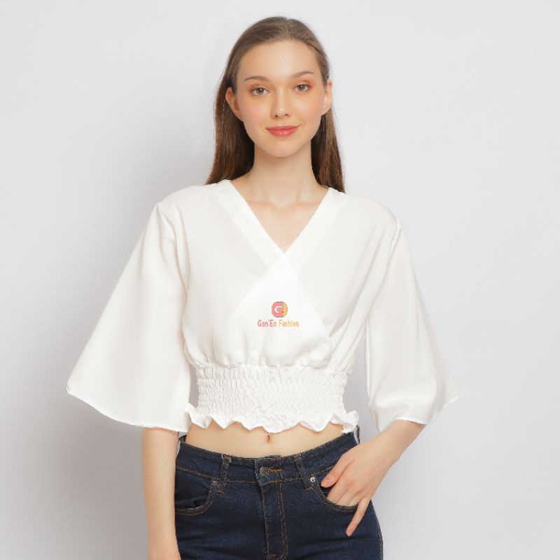 Atasan Blouse Baju Crop Top Korean Style Lengan Terompet Kekinian