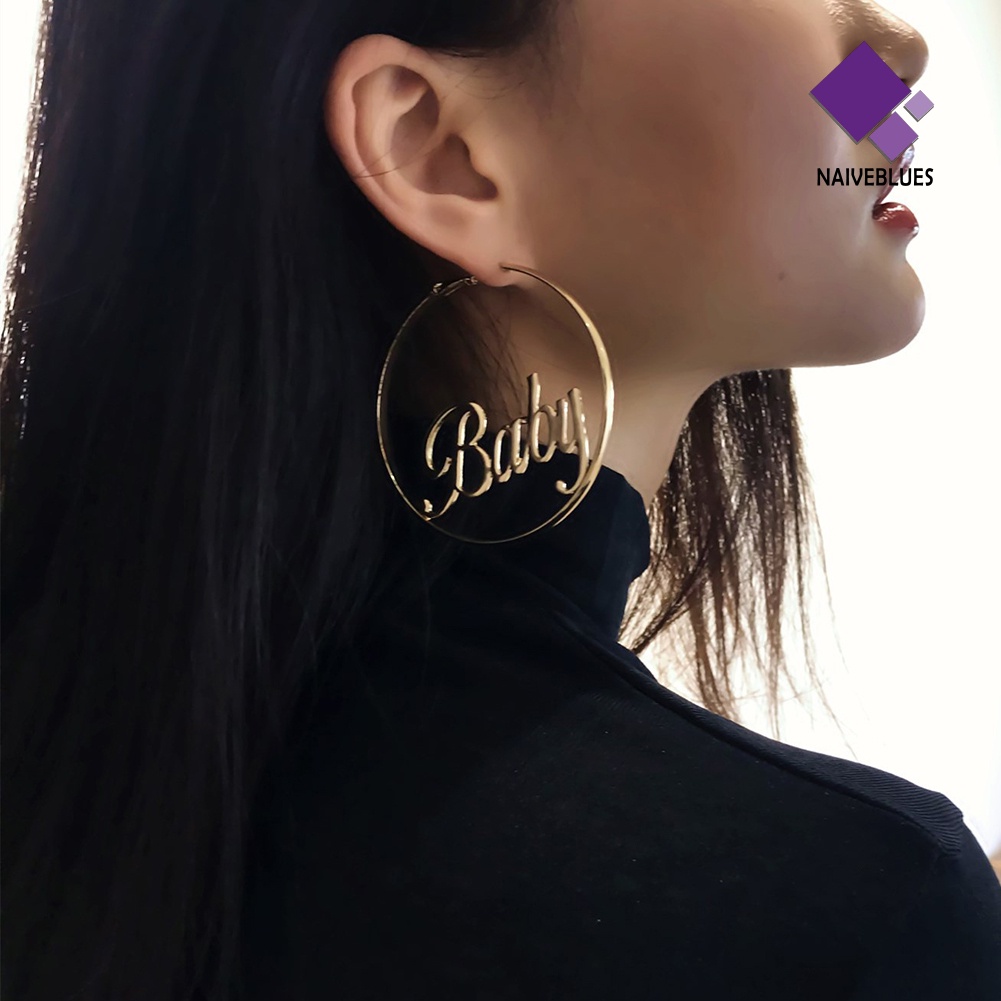 Naiveblue &gt; Anting Tusuk Gantung Bentuk Bulat Hollow Motif Tulisan Femme Baby Untuk Wanita