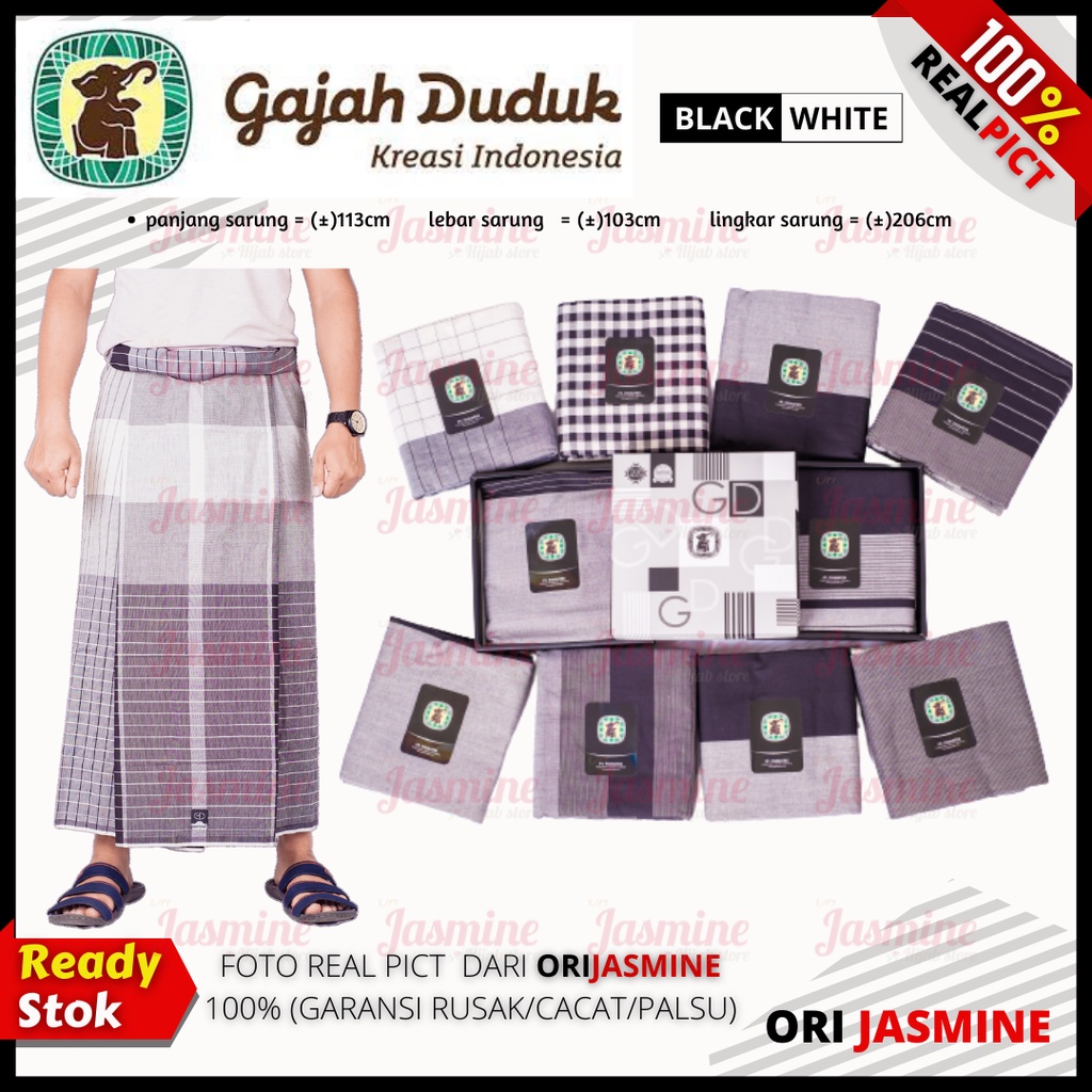 Sarung Gajah Duduk Black &amp; White - Hitam Putih Kain Tenun Motif Dewasa Pria Laki