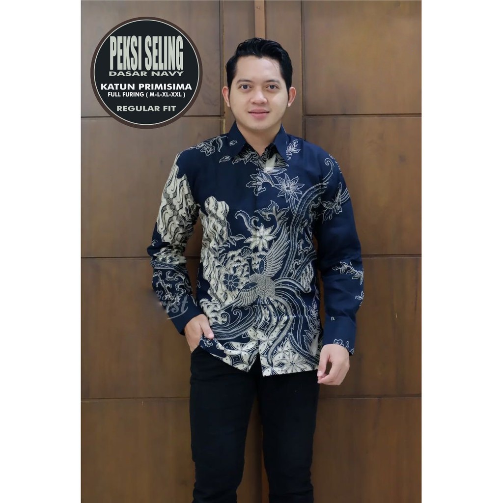 PEKSI SELING NAVY BATIKSOLOAMANAH Kemeja Baju Batik Pria Solo Lengan Panjang Original Lapis Furing