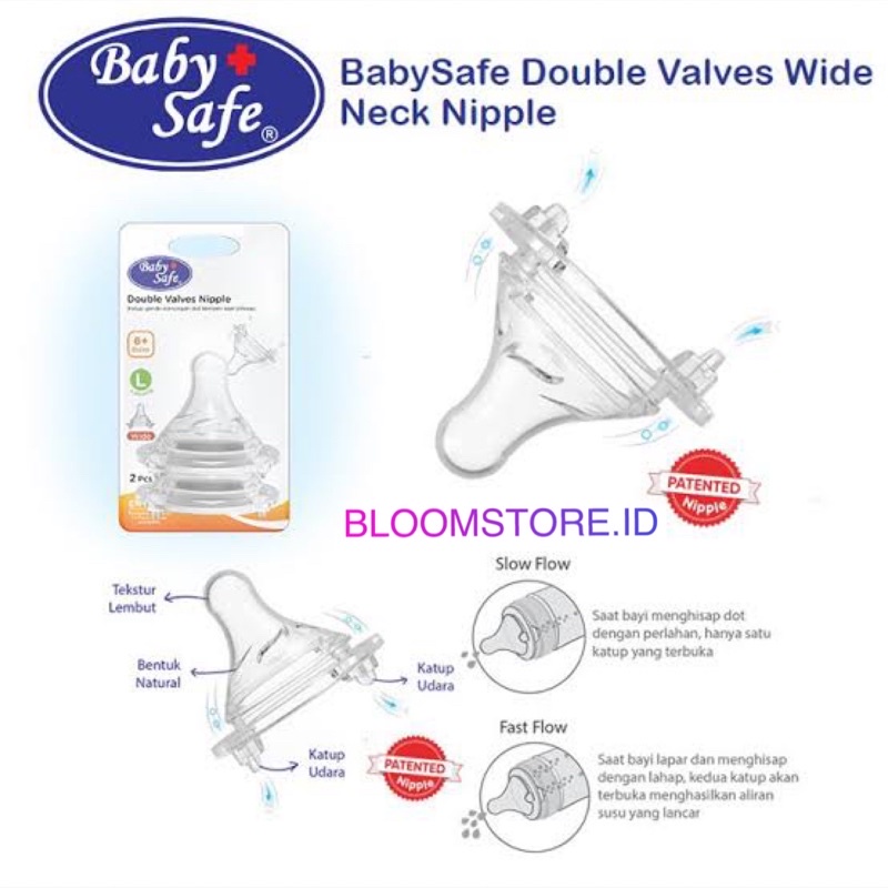 ISI 2 PCS - BABY SAFE Babysafe Double Valves Nipple Slim Wide Neck Wideneck Slimneck Regular Reguler Dot Botol Susu Bayi Milk Baby Bottle  6+ 9+ Bulan 2pcs Size Ukuran L XL
