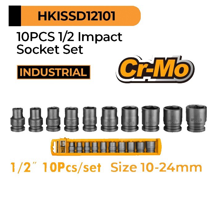 INGCO HKISSD12101 10Pcs 1/2" Impact Socket Set Kunci Sok mata Shock