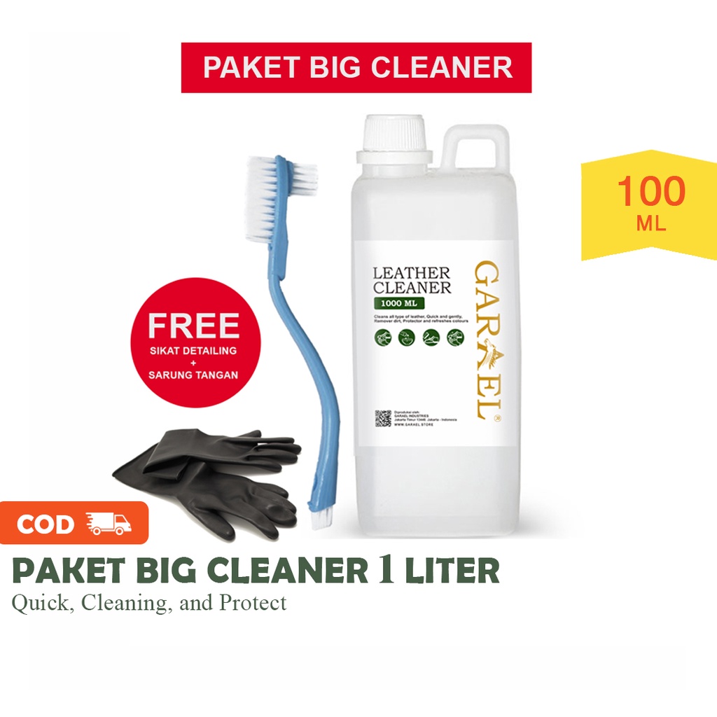 PAKET CLEANER 1 LITER Pembersih Jamur Tas Sepatu Kulit | Paket Big Cleaner|  Leather Cleaner 1Liter + Bonus Sikat Detailing + Sarung Tangan Latex Karet| Sabun Sepatu kualitas Premium