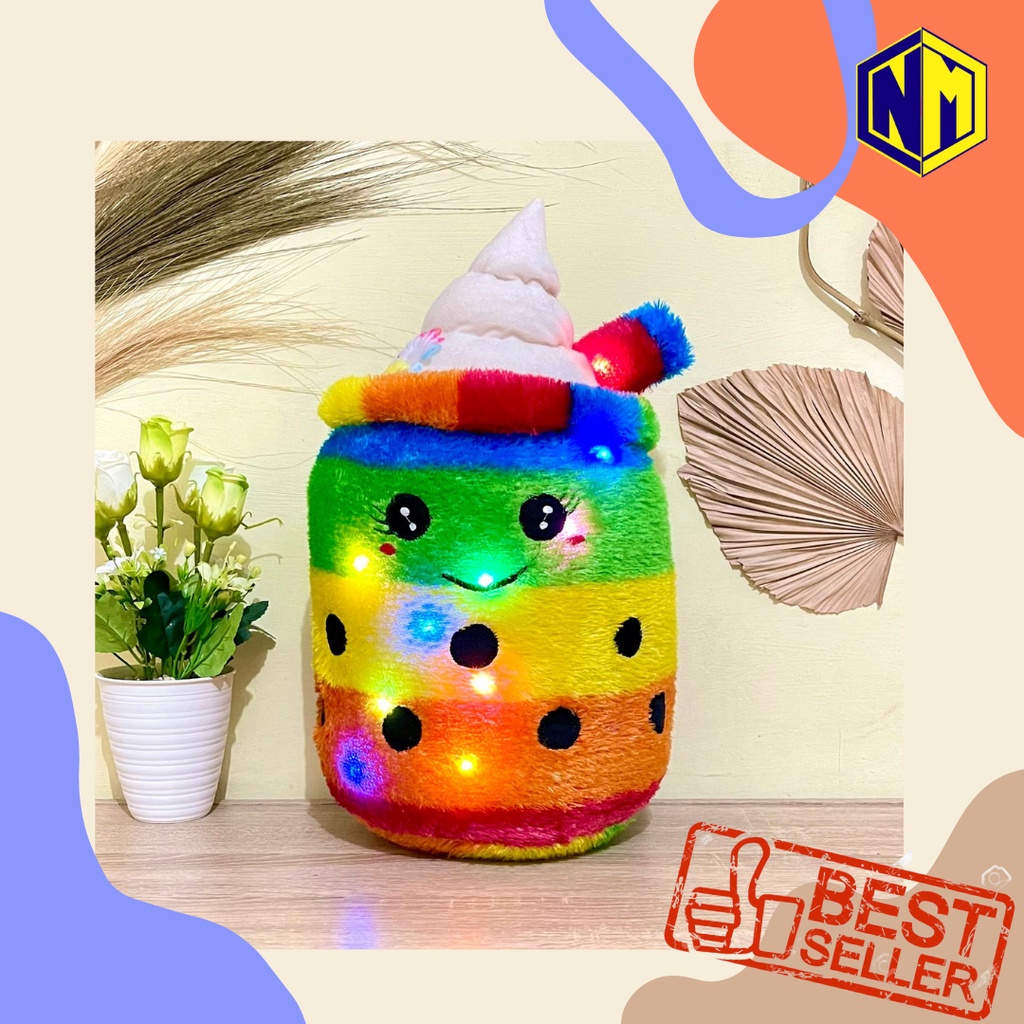 Boneka Boba Ice Cream LED Bahan Bulu Rasfur Motif Boba Es Krim Pake Lampu Nyala Kain Lembut Tidak Rontok Isi GEMOY