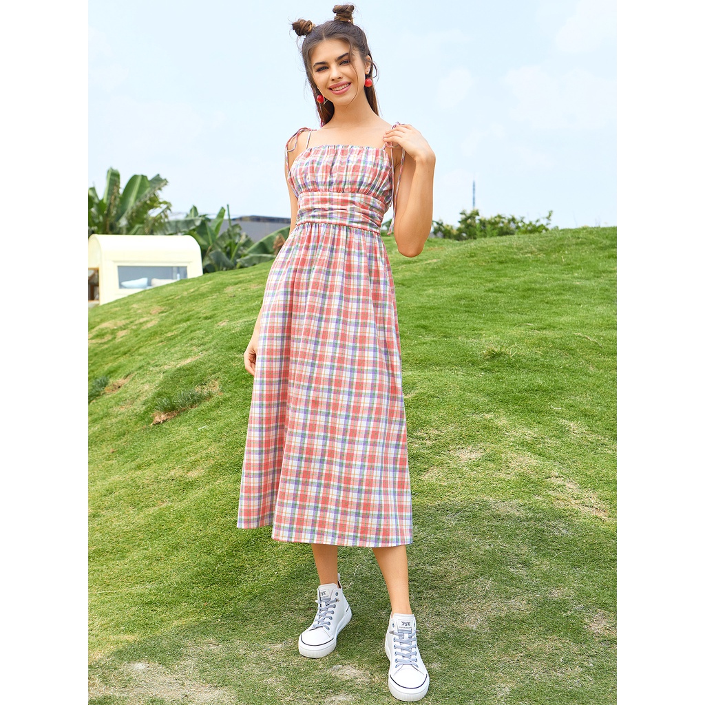 【Summer】Knot Straps Ruched Bust Tartan Cami Dress 7162