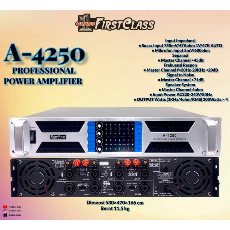 FIRSTCLASS FC A4250 PROFESSIONAL POWER AMPLIFIER  OUTPUT SPEAKER 4 CHANNEL 300 Watt × 4