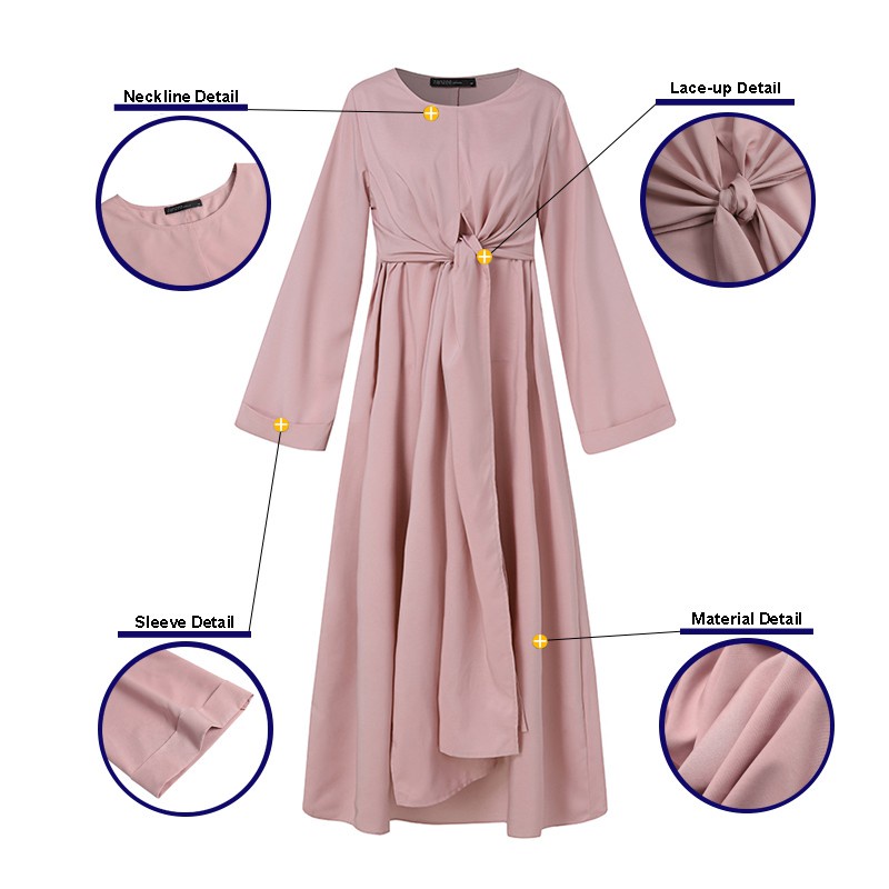 [PRINCESS KESLI]Wanita Lengan Panjang Iregular Belted Swing Dress Panjang Muslim