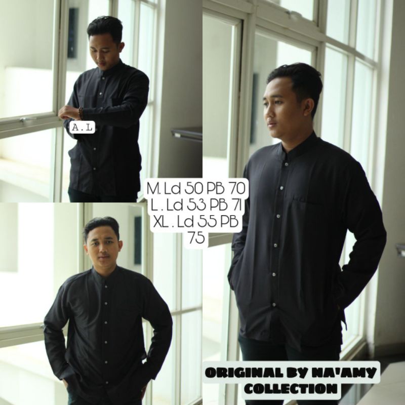 kemeja hitam pria lengan panjang, koko hitam lengan panjang