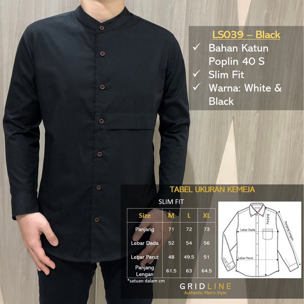 [GRIDLINE - LS039 Koko Black &amp; White] Kemeja Koko Polos Pria Katun Lengan Panjang SlimFit Keren