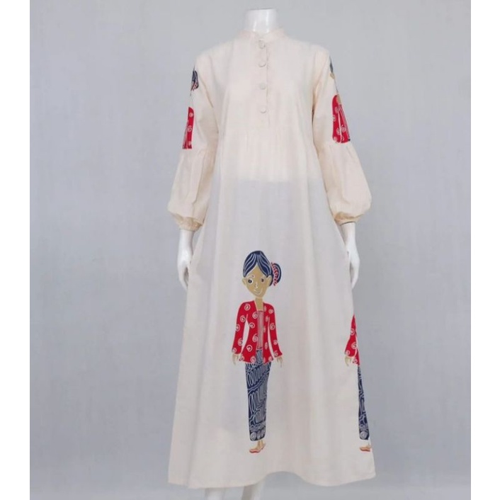 Gamis Dress Batik Wanita Asli Solo Motif Karakter Warna Broken White Dengan Bahan Katun Halus Cocok 