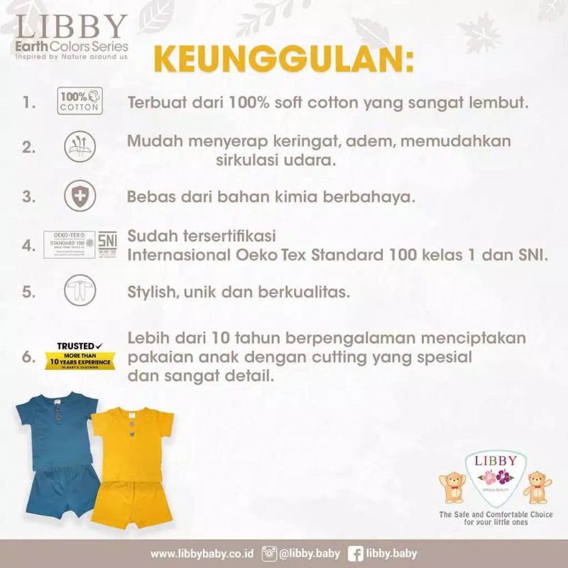 LIBBY Setelan Bayi Oblong Baju Pendek - Celana Pendek EARTH SERIES 3 TERBARU 9 Bulan - 4 tahun