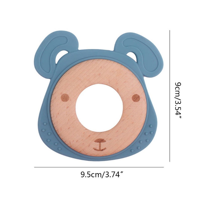 Mary Mainan Rattle Teether Silikon Bentuk Kartun Kepala Beruang Aksen Manik-Manik Kayu Untuk Bayi