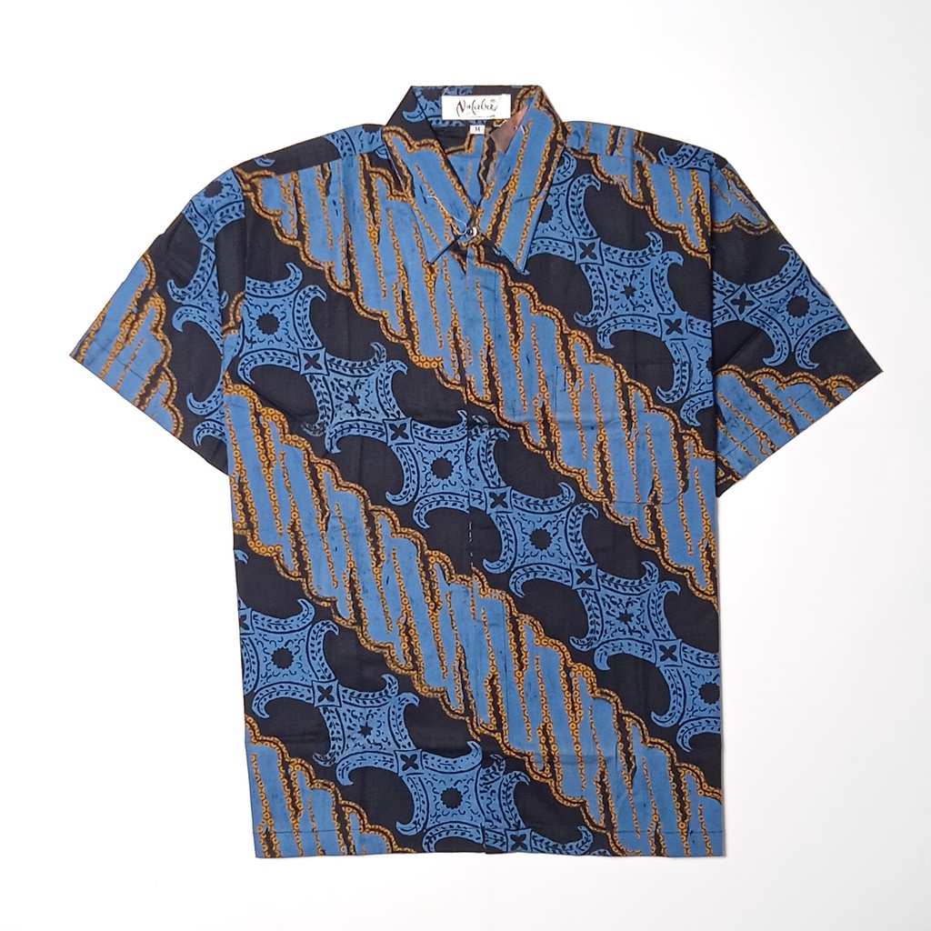 Kemeja Baju Batik Pria Lengan Pendek Cap Biru Tua Muda Kawung