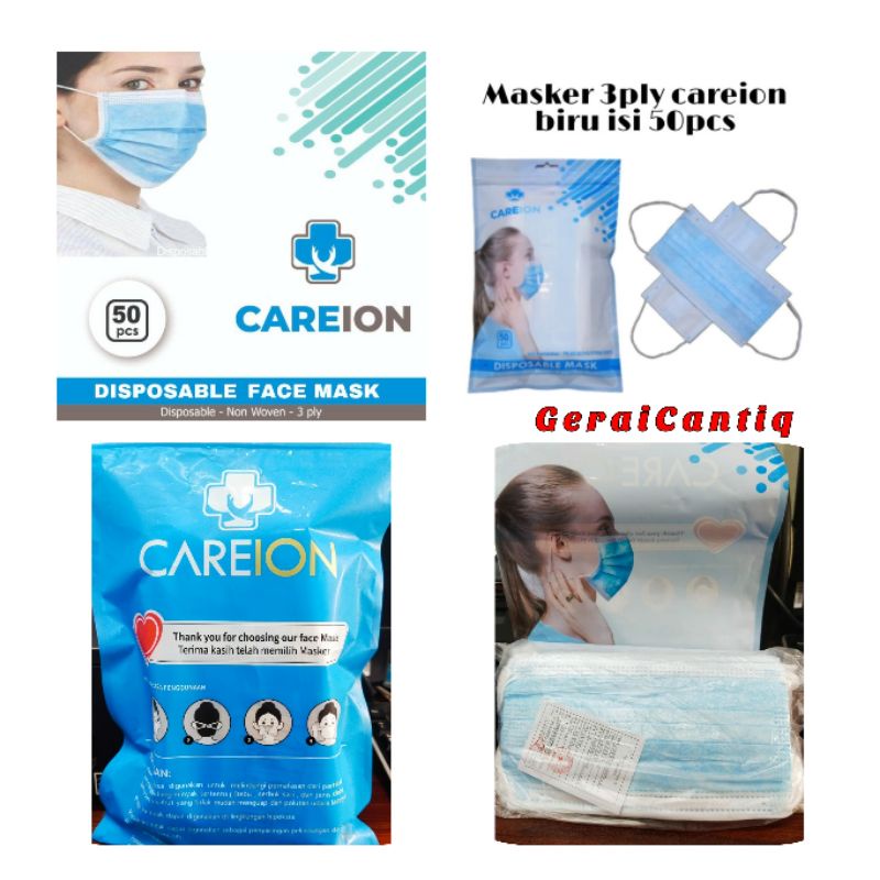 MASKER MEDIS CARE ION CAREION 3 PLY EARLOOP DISPOSABLE PROTECTIVE MASK ISI 50 PCS KUALITAS BAGUS