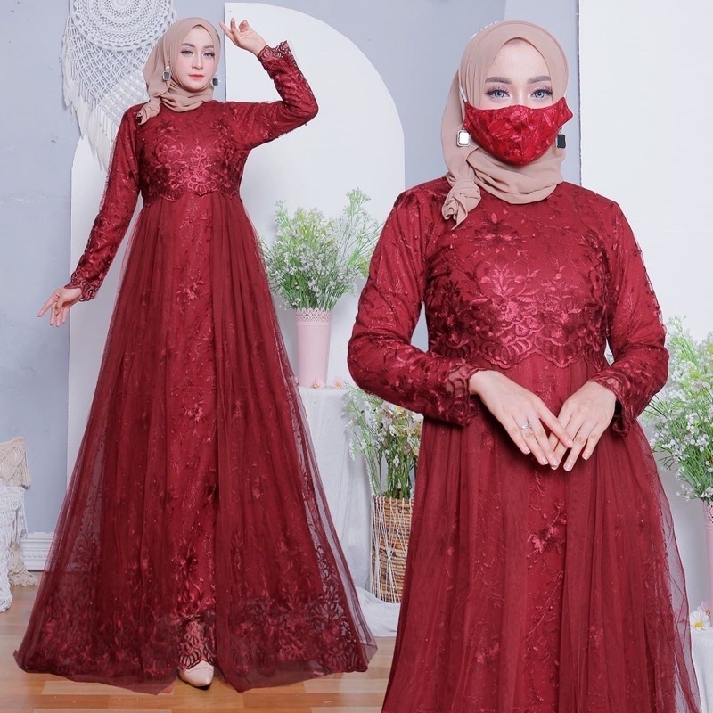 Yumna Full Brukat Tile Free Masker /Gamis Pesta/Brokat Jumbo/Brukat Tile Remaja Dewasa /Fashion Muslim Kondangan Premium