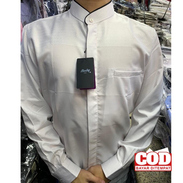 Kemeja koko harley putih polos dengan list kerah tangan panjang