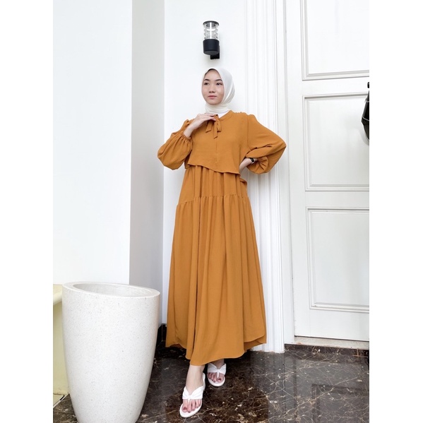 GLENCA MAXI DRESS (Ld 100 Pjg 131) - Gamis Polos Crinkle Aksen Layer