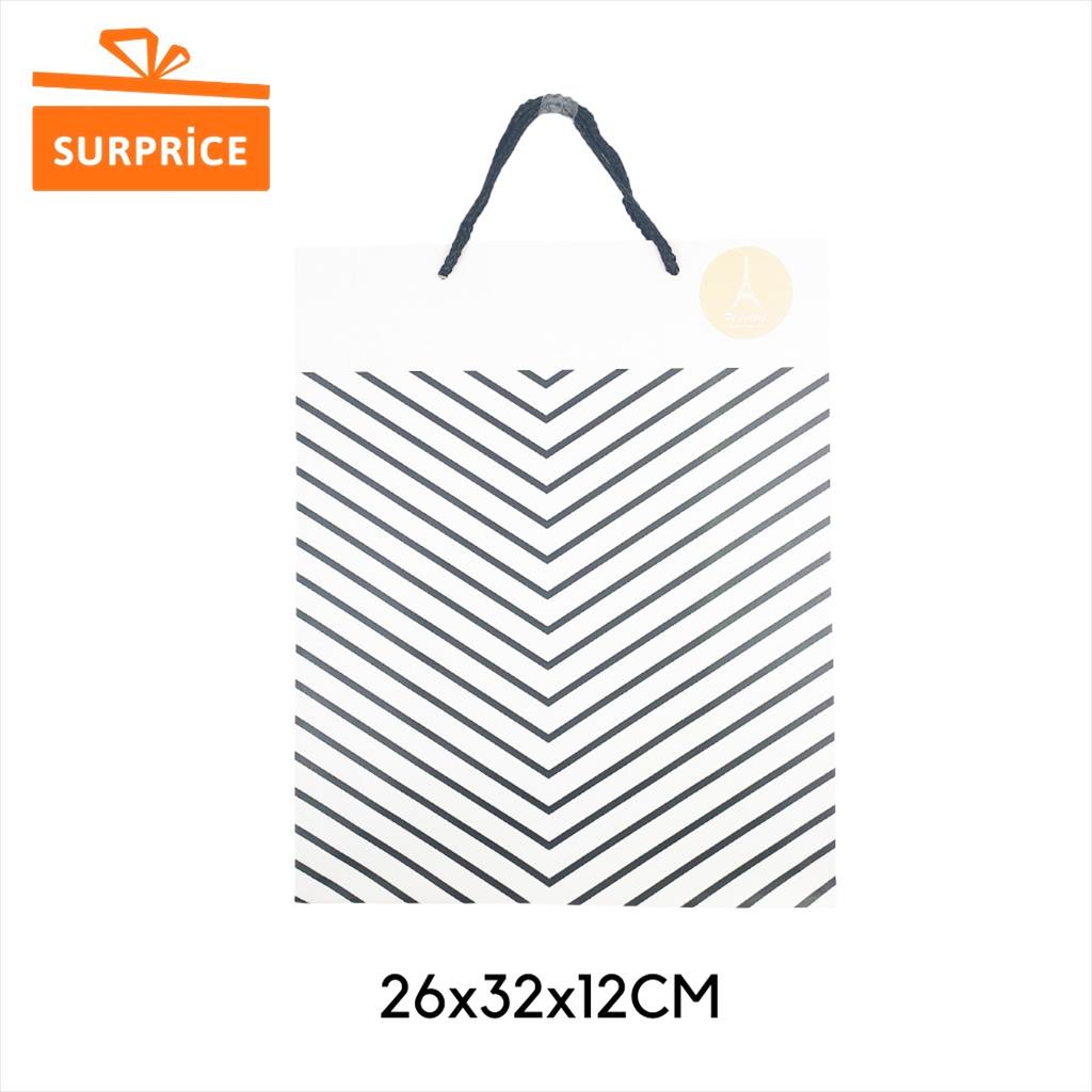 Surprice Tas Kado Tenteng 26x32x12cm /  Kantong Hadiah / Goodie Bag Ulang Tahun / Paper Bag Tas Hampers / Gift Bag-Putih V Garis