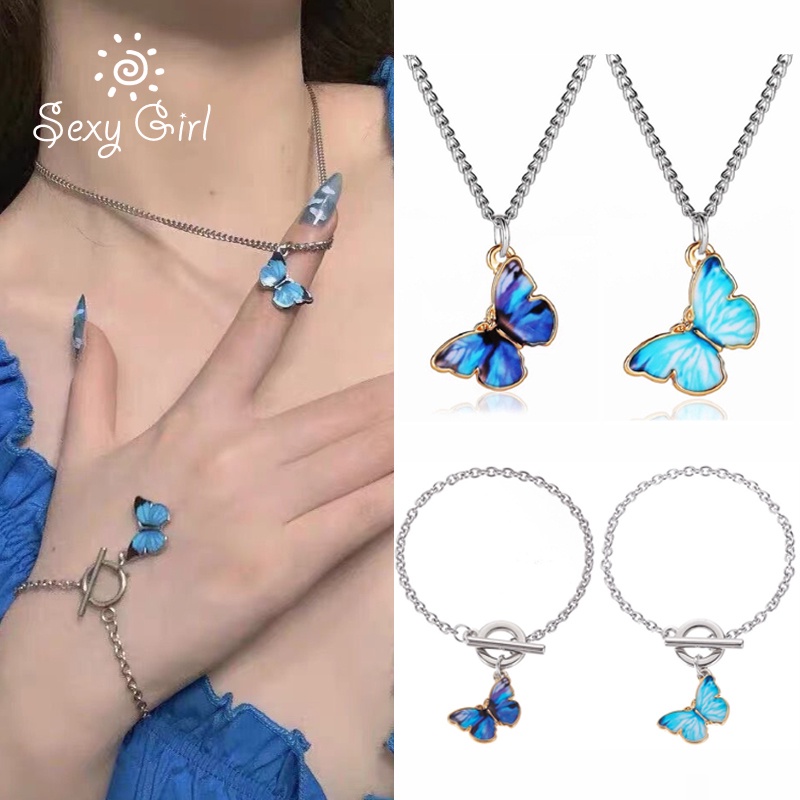 2021 Kalung Rantai Klavikula Desain Kupu-Kupu Warna Biru Gradasi Gaya Korea Untuk Wanita