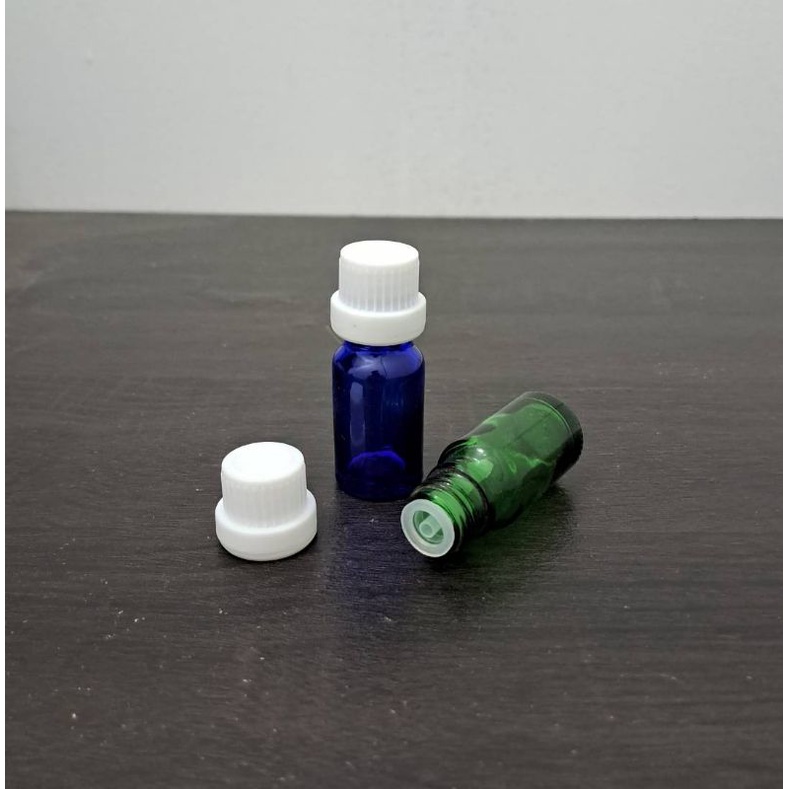 botol kaca 10ml hijau biru tutup filler putih / botol Essential oil 10ml