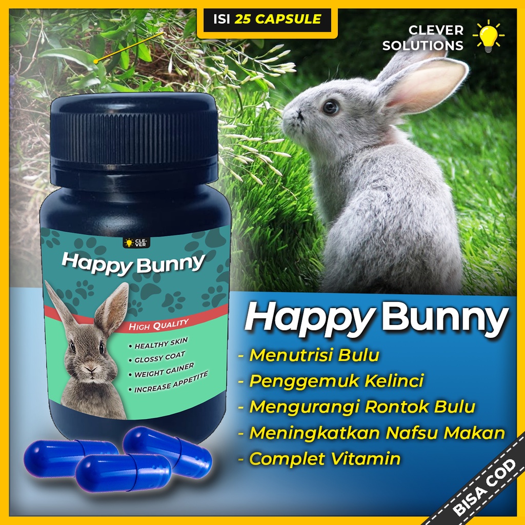 Vitamin Kelinci HAPPY BUNNY 25 Capsule Mengatasi Bulu Rontok Meningkatkan Nafsu Makan Penggemuk Kelinci by Clever Solutions Dunia Kelinci Depok Kelinci Rex Holland Lop Kelinci Anggora Hias Biobig jamu herbal kelinci