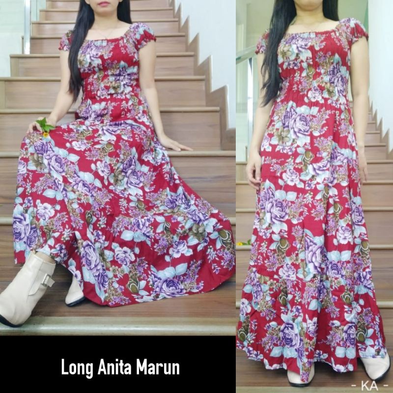 Daster Panjang Serut Dada Rayon Adem Longdress Cantik Bunga Sakura Natasha-Anita maroon