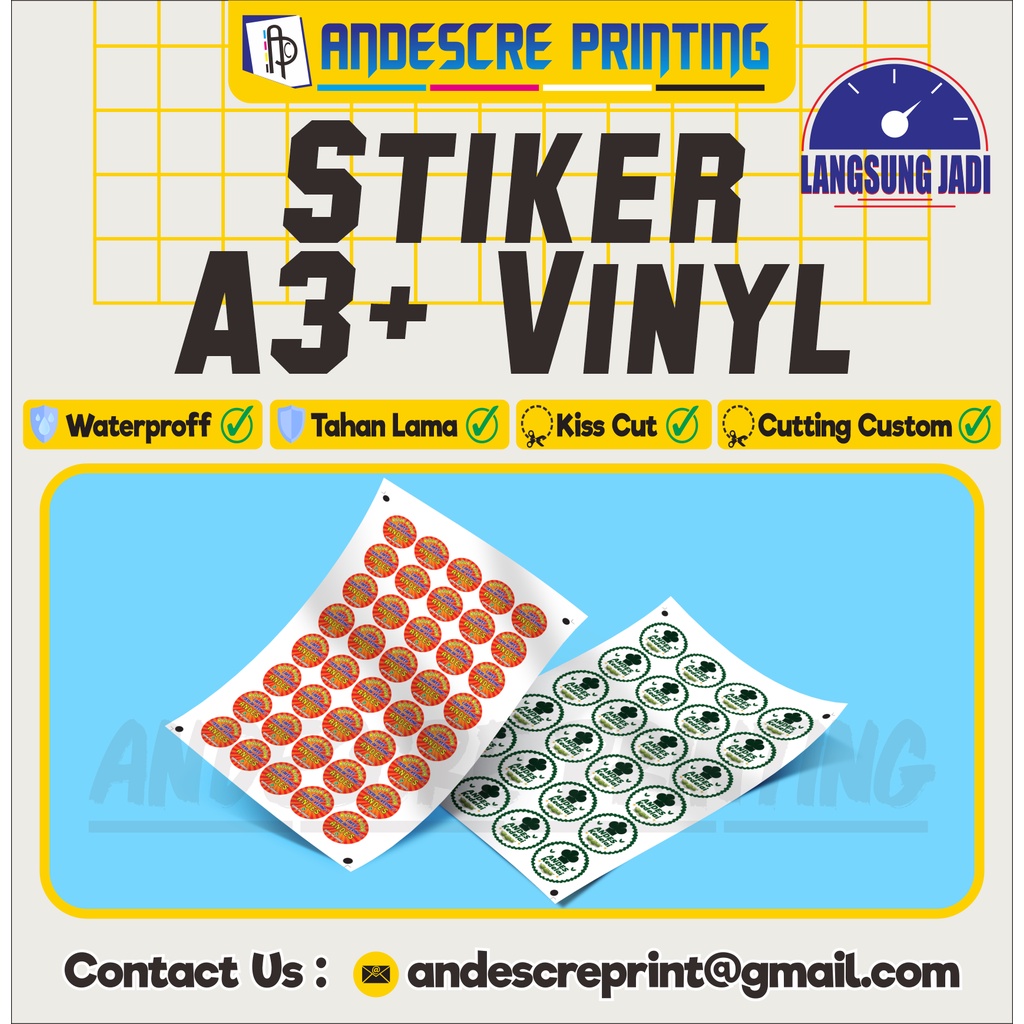 

Cetak Sticker A3+ Vinyl / Chromo Cutting Sesuai Pola