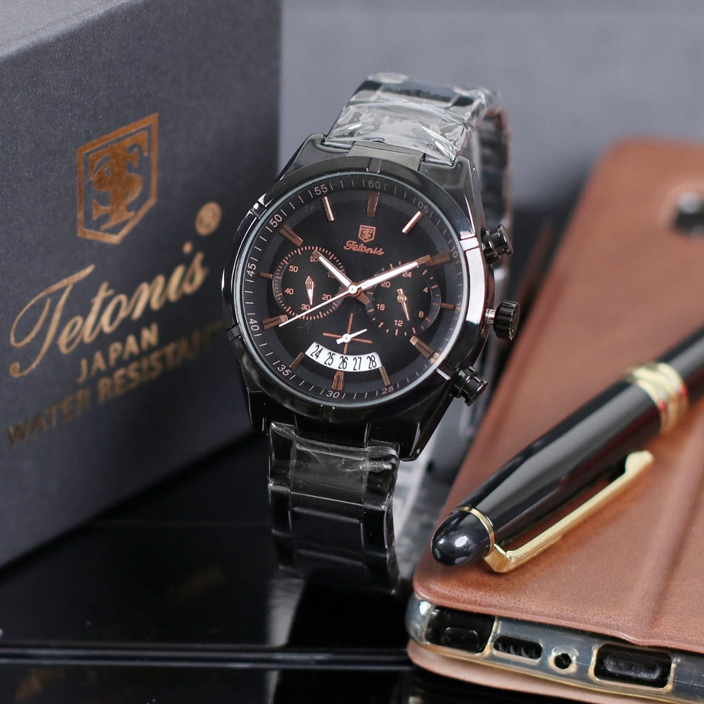 JAM TANGAN PRIA CHRONOGRAPH TETONIS TALI RANTAI FREE PULPEN