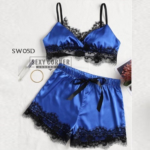 Setelan Tanktop / Baju Tidur Bikini Wanita Set Biru SW05D