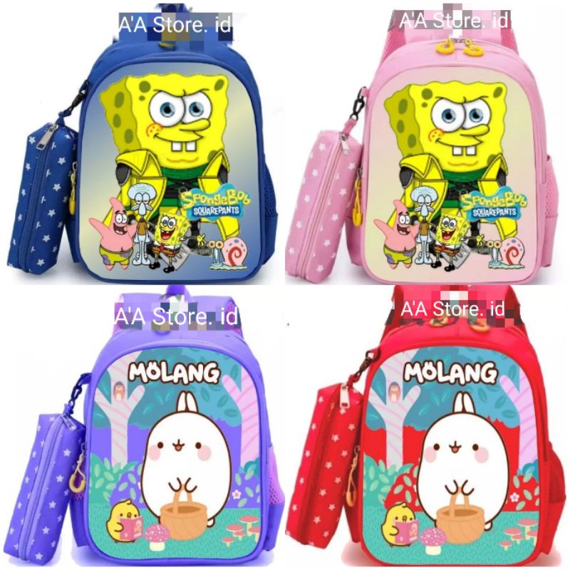 Tas Ransel Sekolah Anak Motif Spongebob & Molang
