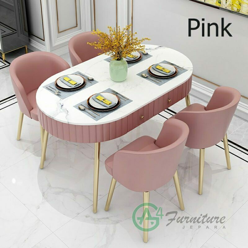 Meja Makan Marmer Oval 4 Kursi