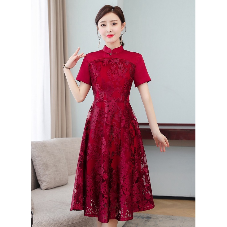 T1029 Cheongsam Gaun Import Midi Gaun Pesta Gaun Sangjit Party Dress Merah M-4XL