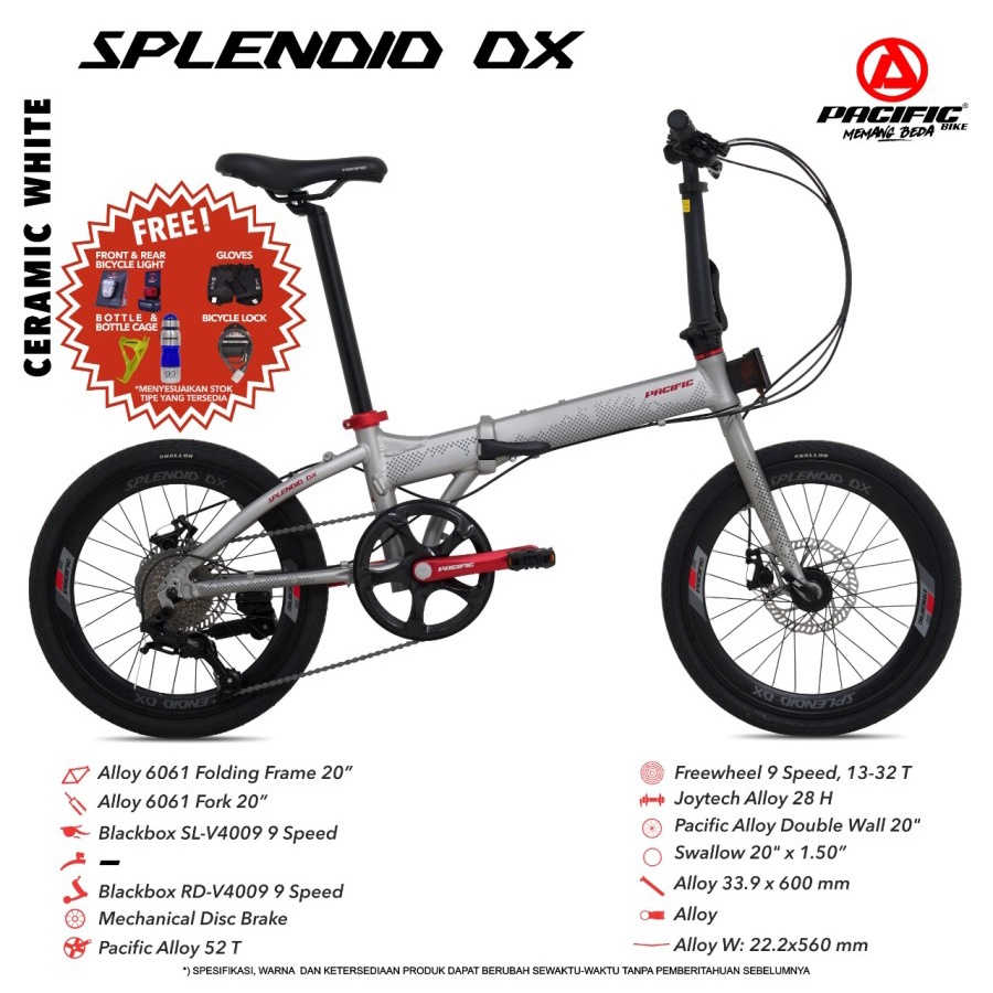 SEPEDA LIPAT PACIFIC SPLENDID DX 20” 9 SPEED FRAME ALLOY MECHANICAL DISC BRAKE BICYCLE FOLDING BIKE