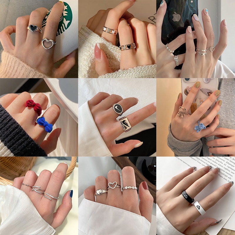 Set Perhiasan Cincin Model Butterfly Hati Hollow Warna Merah Biru Untuk Hadiah Wanita