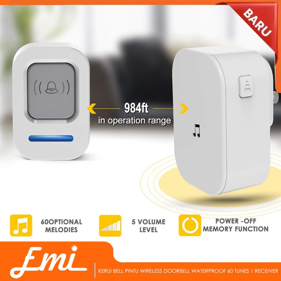 Bel Rumah Wireless Door Bell Waterproof Pintu 1 Receiver