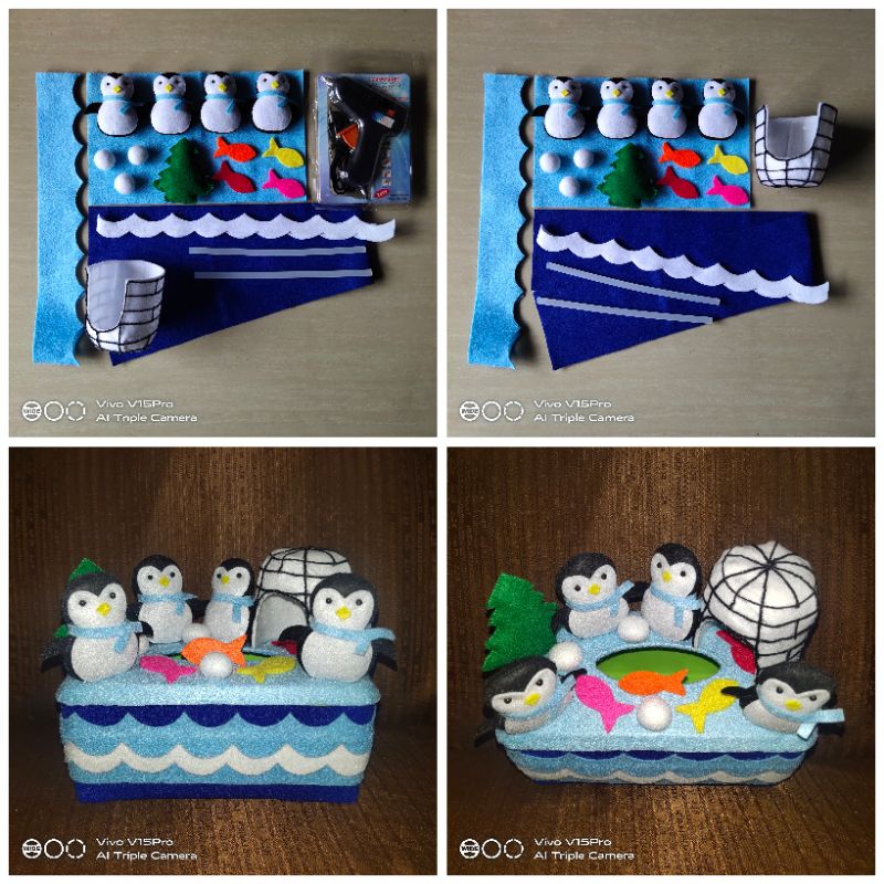 Paket DIY Kerajinan Tangan Prakarya Handmade Kotak Tissue Flanel PINGUIN IGLO ANTARTIKA Karakter Uni