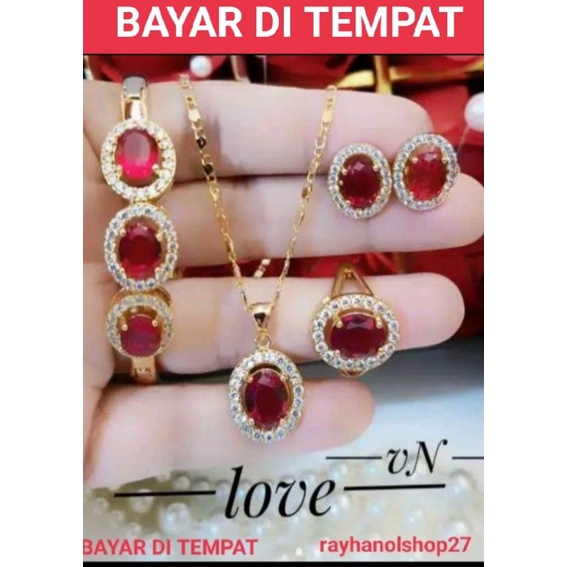 Set perhiasan wanita motif batu permata Giok warna pilihan lapis emas 22k