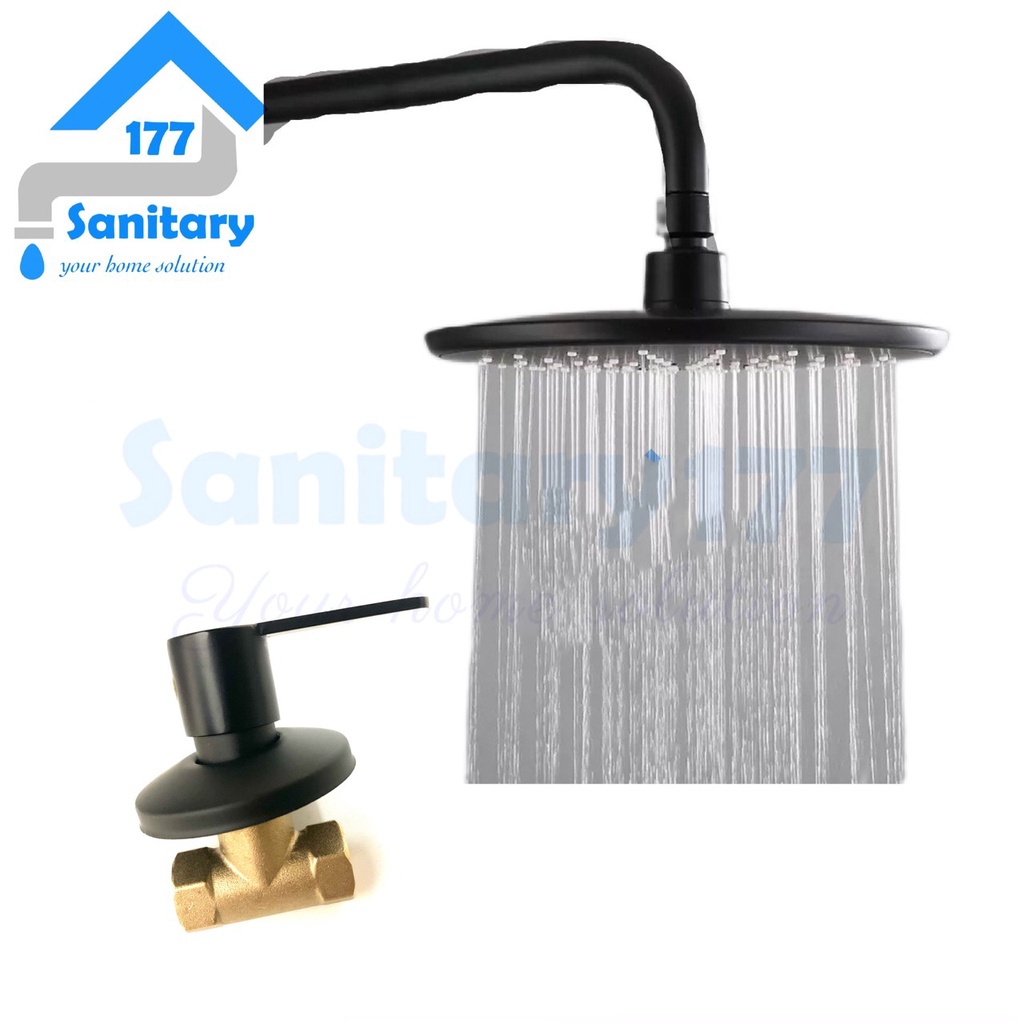 Paket bundling Shower Tembok 8in Hitam F22B &amp; valve stop kran hitam vc brass-wall shower black complete set