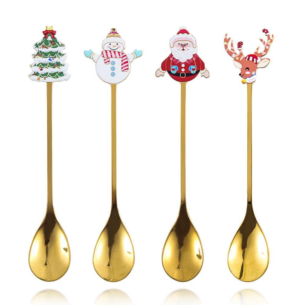 Suyo 4Pcs / Set Sendok Aduk Teh Bahan Stainless Steel Tema Natal Untuk Anak