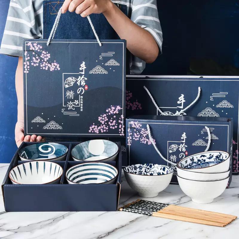 japanese retro style ceramic bowl gift box set free chopstick / hampers alat makan mangkok keramik set sumpit