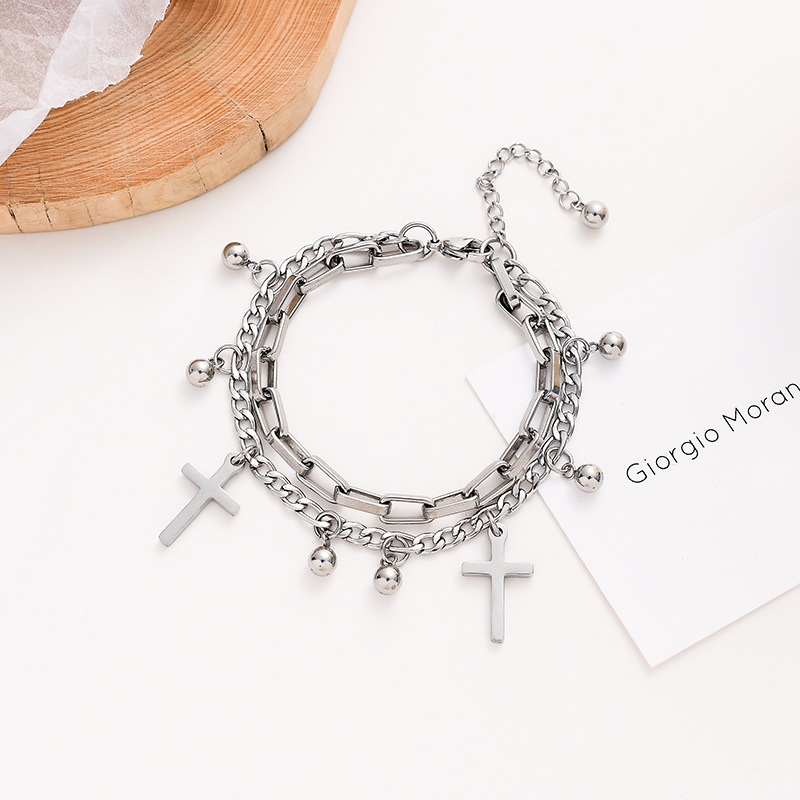 Korean Fashion Cross Round Bead Multilayer  Silver Bracelet Creative Couple Bracelets Jewelry Accessories