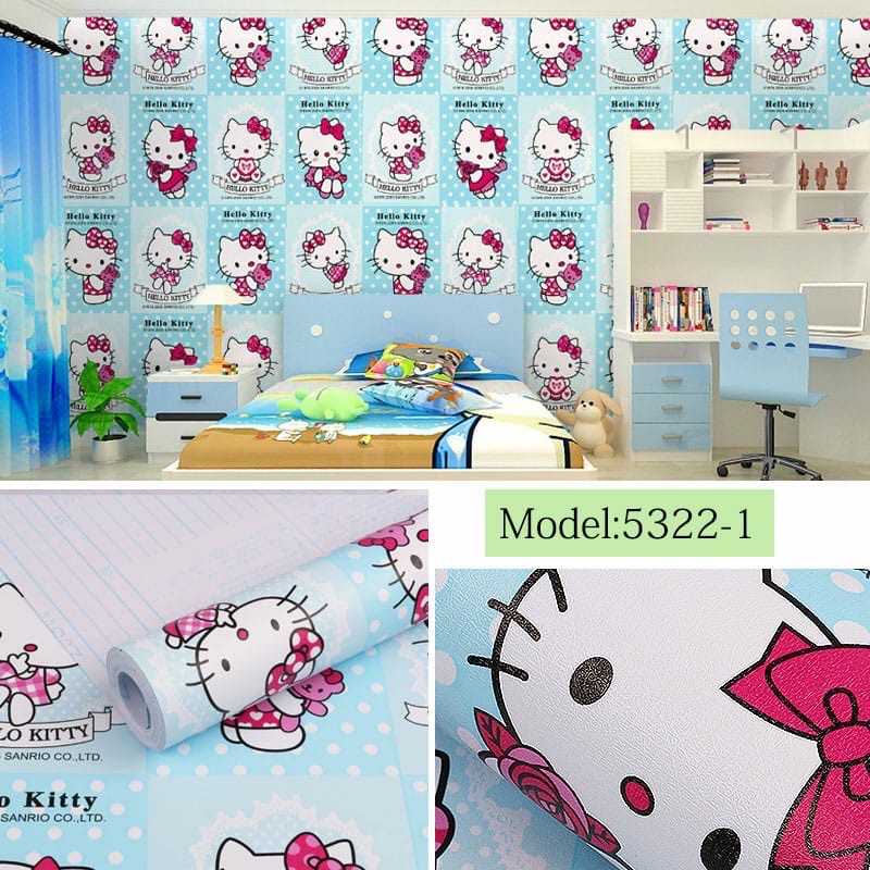 WALLPAPER DINDING / WALLPAPER STICKER HELLO KITTY KOTAK BIRU