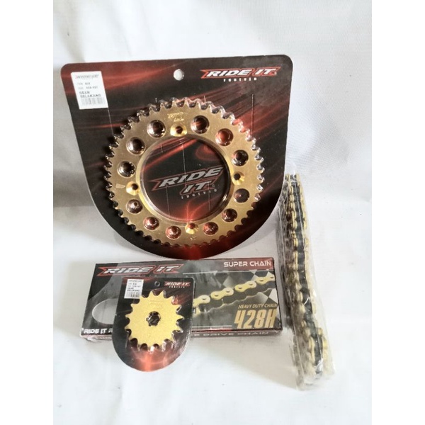 Gear set KLX D traker 150 , KLX BF  428 gir depan belakang rantai warna gold Ride it