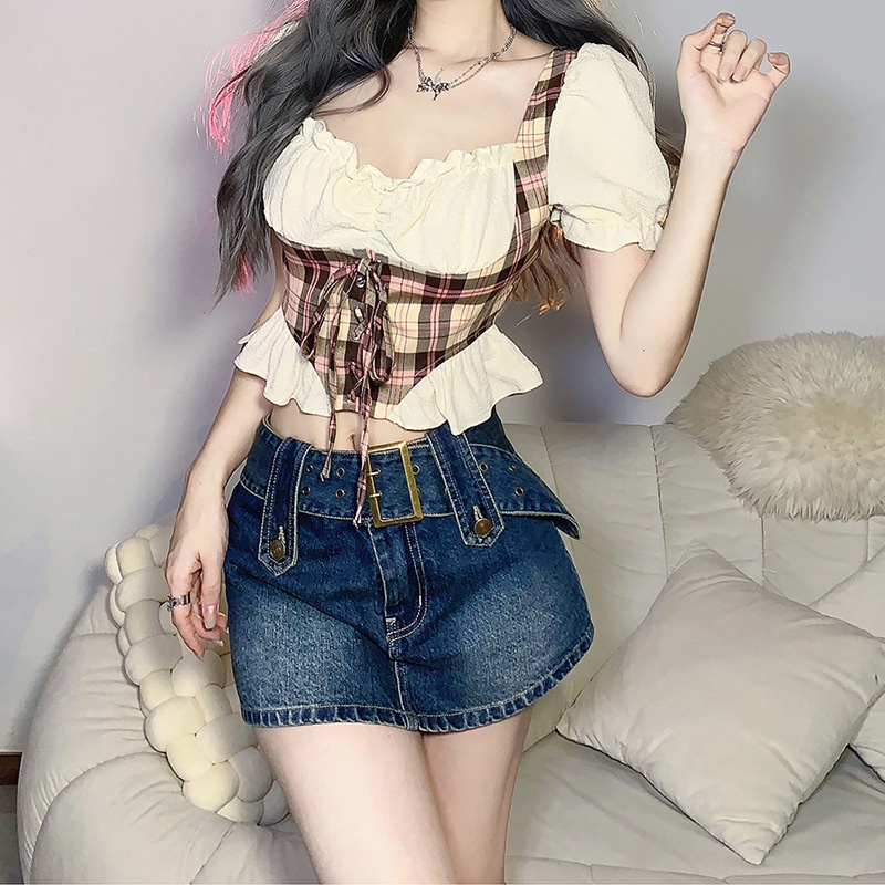 #Sisjuly# Wanita Musim Panas Baru Pakaian Wanita Warna Solid Slim Fit Dipotong Pusar Fashion Square
