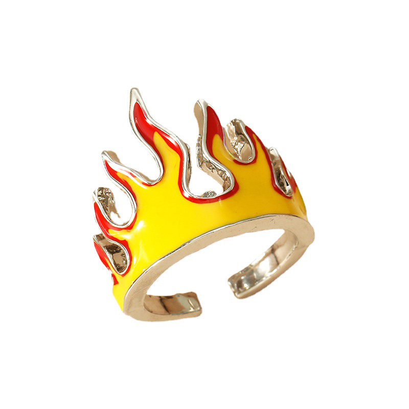 Cincin Model Terbuka Bahan Alloy Desain Api Kuning Gaya Punk Bohemia Hip Hop Adjustable Untuk Wanita Charms