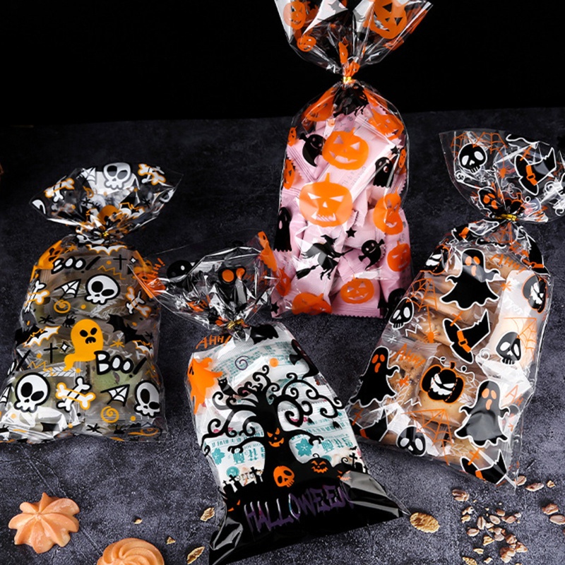 50pcs / set Tas Permen / Kue / Snack Warna Bening Untuk Dekorasi Pesta Halloween