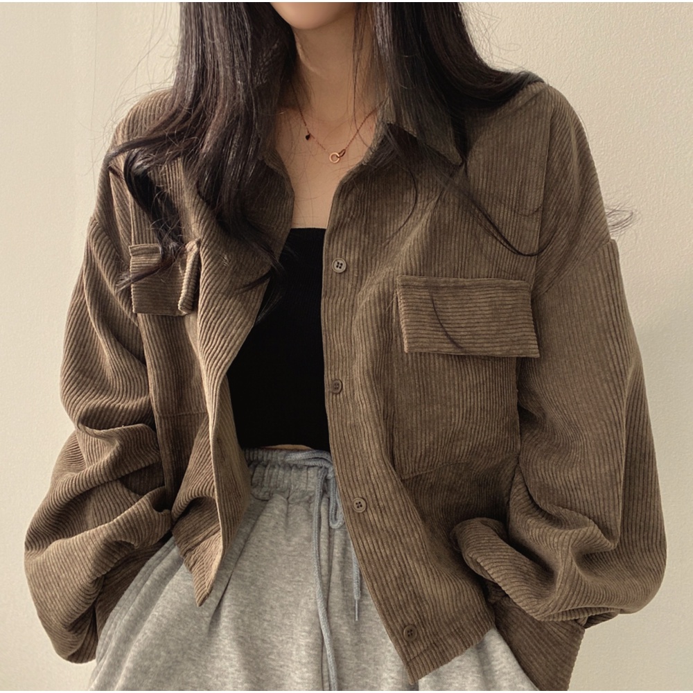 outer crop top corduroy wanita lengan panjang outer korean style