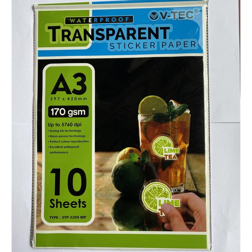 

KERTAS FOTO V-TEC STICKER TRANSPARENT PAPER A3 170 GSM STP-3204WP